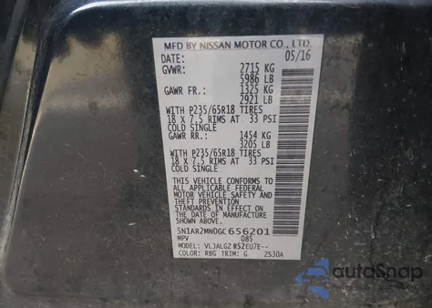 2016 Nissan Pathfinder Sl z USA, uszkodzony, nr VIN 5N1AR2MN0GC656201